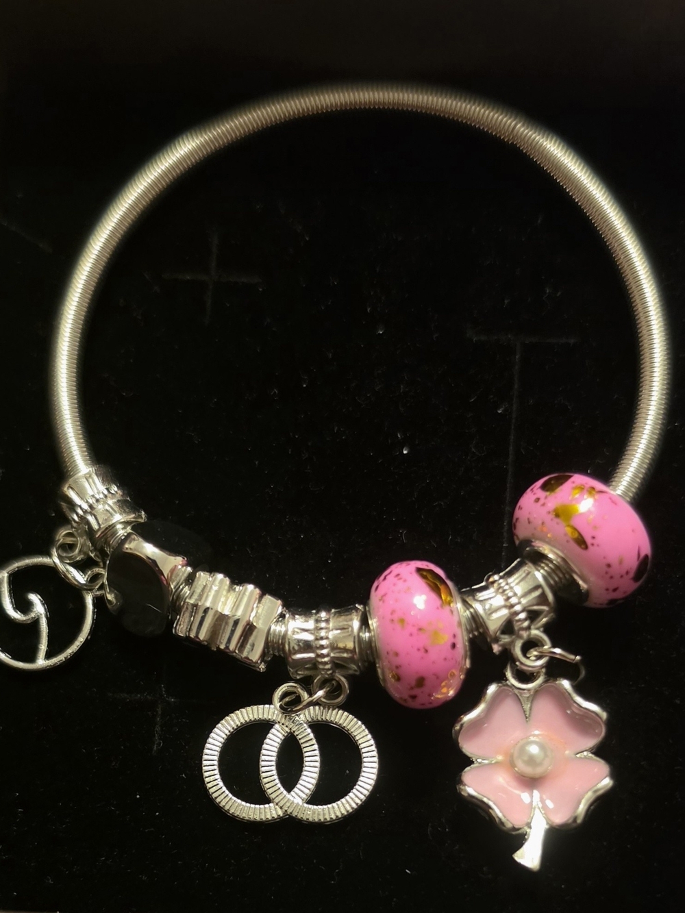 Silver Charm Bracelet with Pink Flower and Bead Charms